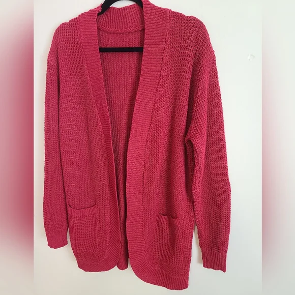 Burgundy Open Front Medium Weight Cardigan with Pockets - Picture 3 of 7